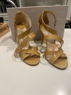 Jimmy Choo Tan Patent Leather Strappy High Heel Sandals